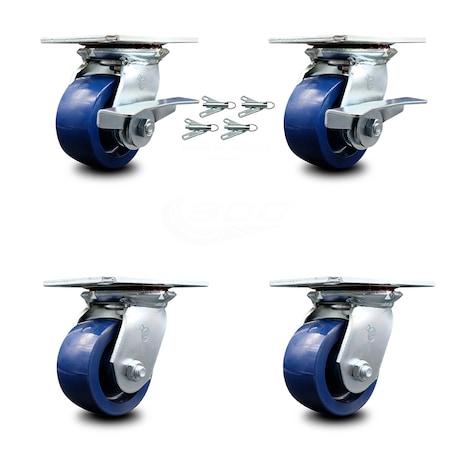 Service Caster 4 Inch Solid Poly Caster Set with Roller Bearing 4 Swivel Lock and 2 Brake SCC SCC-35S420-SPUR-SLB-BSL-2-BSL-2